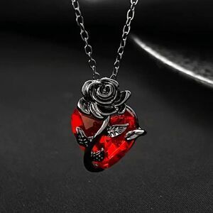 Gothic Gun Metal Rose Wrapped Around Ruby Heart Necklace